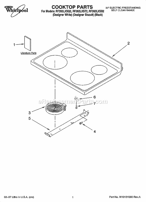 Whirlpool RF262LXSB2 Freestanding Electric Cooktop Parts Diagram