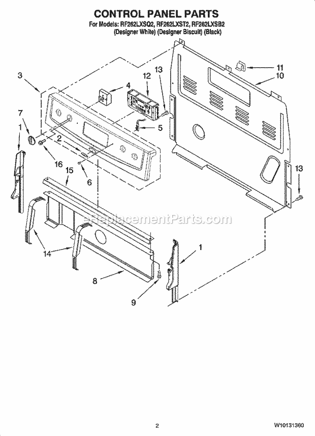 Whirlpool RF262LXSQ2 Freestanding Electric Control Panel Parts Diagram