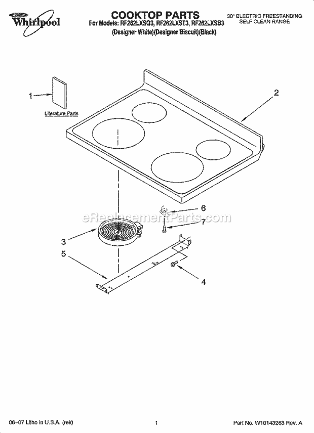 Whirlpool RF262LXSQ3 Freestanding Electric Cooktop Parts Diagram