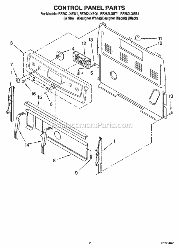 Whirlpool RF262LXST1 Freestanding Electric Control Panel Parts Diagram