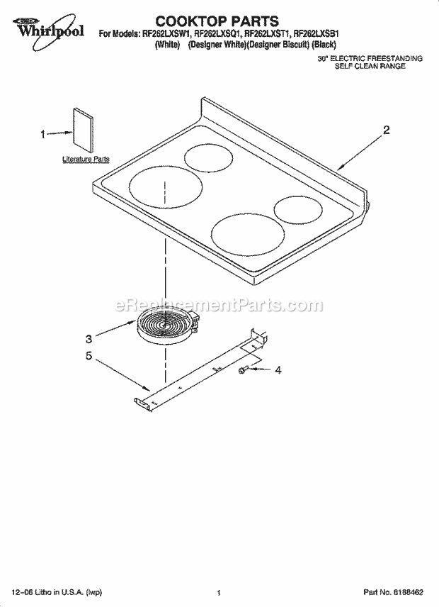 Whirlpool RF262LXSW1 Freestanding Electric Cooktop Parts Diagram