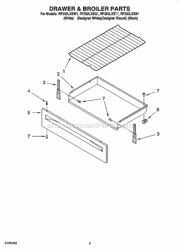 Whirlpool RF262LXSW1 Freestanding Electric Drawer & Broiler Parts Diagram