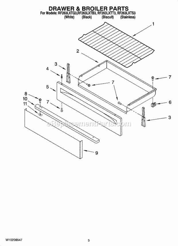 Whirlpool RF263LXTS3 Freestanding Electric Drawer & Broiler Parts Diagram