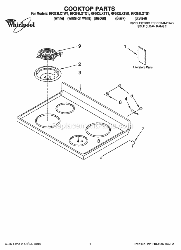 Whirlpool RF263LXTT1 Freestanding Electric Cooktop Parts Diagram