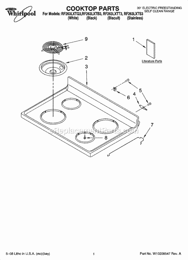 Whirlpool RF263LXTT3 Freestanding Electric Cooktop Parts Diagram