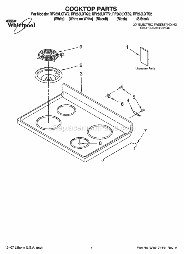 Whirlpool RF263LXTW2 Freestanding Electric Cooktop Parts Diagram