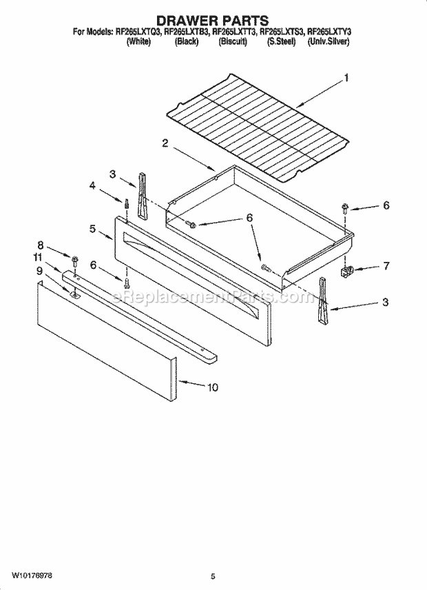 Whirlpool RF265LXTB3 Freestanding Electric Drawer Parts Diagram