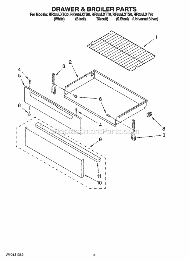 Whirlpool RF265LXTQ0 Freestanding Electric Drawer & Broiler Parts Diagram