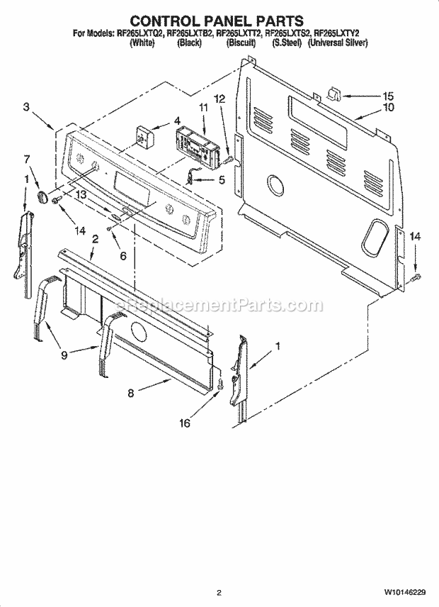 Whirlpool RF265LXTQ2 Freestanding Electric Control Panel Parts Diagram