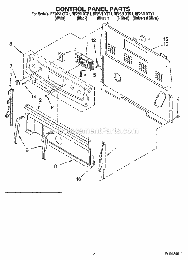 Whirlpool RF265LXTS1 Freestanding Electric Control Panel Parts Diagram
