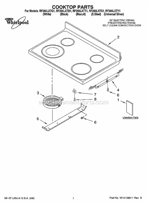 Whirlpool RF265LXTS1 Freestanding Electric Cooktop Parts Diagram