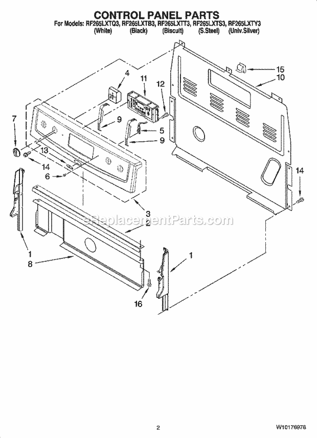 Whirlpool RF265LXTS3 Freestanding Electric Control Panel Parts Diagram