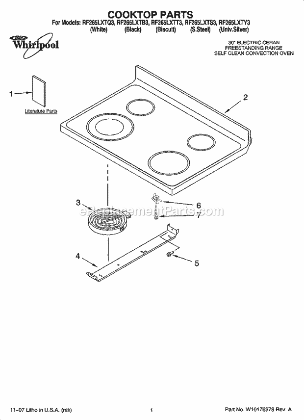 Whirlpool RF265LXTS3 Freestanding Electric Cooktop Parts Diagram