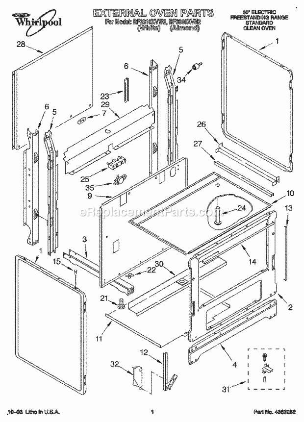 Whirlpool RF3010XVW2 Freestanding Electric Range and Oven External, Lit/Optional Diagram