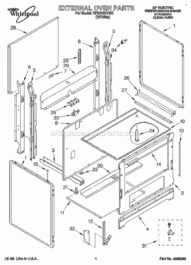 Whirlpool RF3010XVW3 Freestanding Electric Range and Oven External, Lit/Optional Diagram