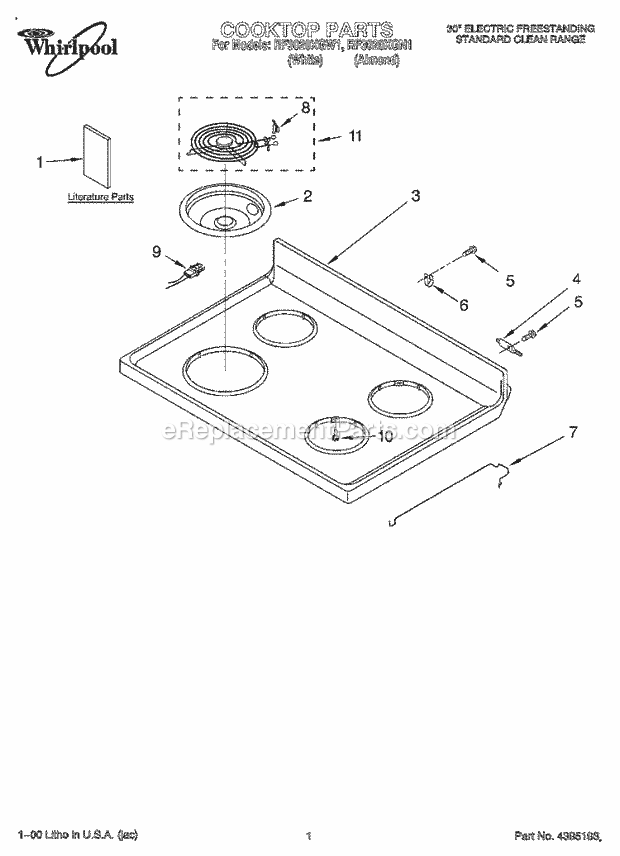 Whirlpool RF3020XGN1 Freestanding Electric Range Cooktop, Literature Diagram