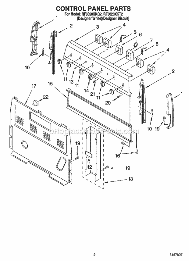 Whirlpool RF3020XKQ2 Freestanding Electric Control Panel Parts Diagram