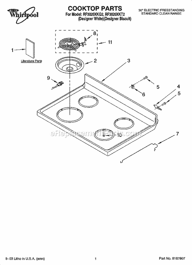 Whirlpool RF3020XKQ2 Freestanding Electric Cooktop Parts Diagram