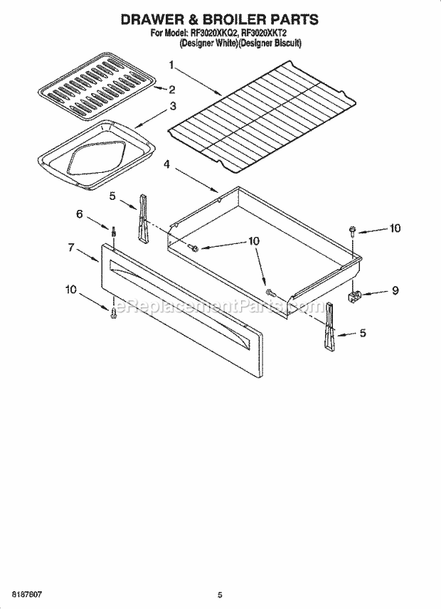 Whirlpool RF3020XKQ2 Freestanding Electric Drawer & Broiler Parts Diagram