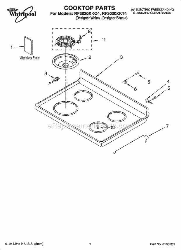 Whirlpool RF3020XKT4 Freestanding Electric Cooktop Parts Diagram