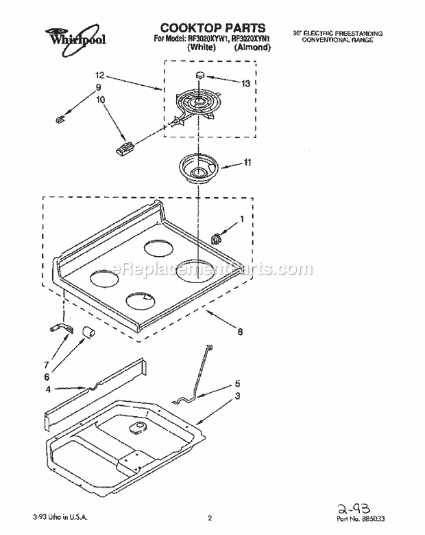 Whirlpool RF3020XYN1 Freestanding Electric Range Cooktop, Lit/Optional Diagram