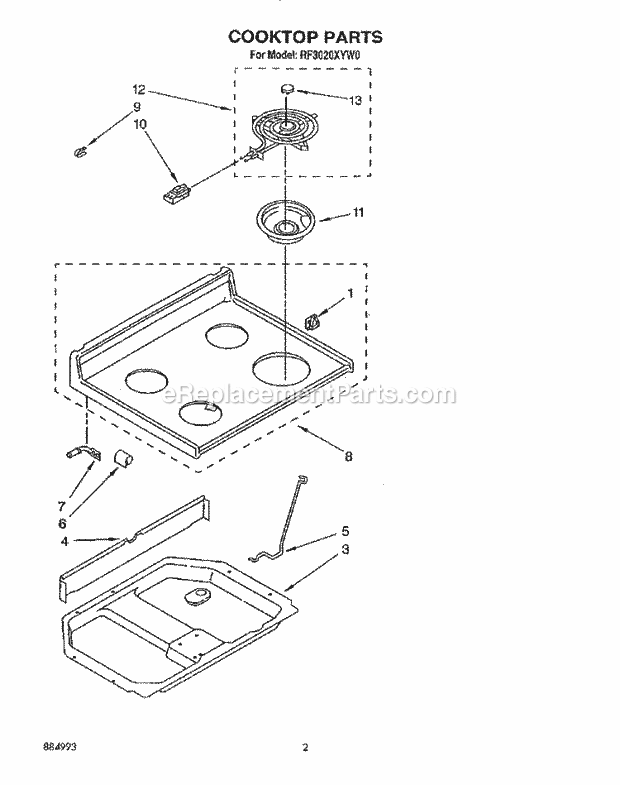 Whirlpool RF3020XYW0 Freestanding Electric Range Cooktop, Lit/Optional Diagram