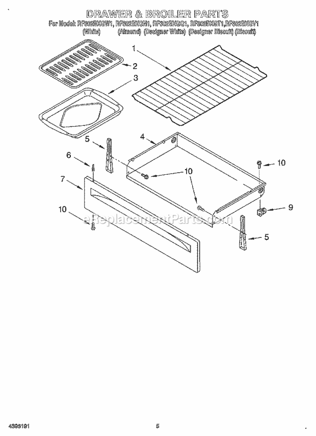 Whirlpool RF302BXGW1 Freestanding Electric Range Drawer and Broiler Diagram