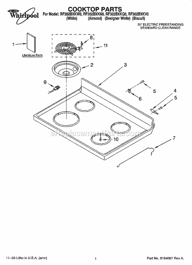 Whirlpool RF302BXKN0 Freestanding Electric Range Cooktop Parts Diagram