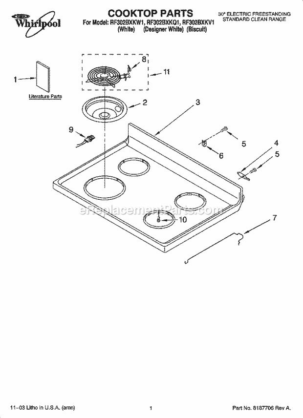 Whirlpool RF302BXKQ1 Freestanding Electric Range Cooktop Parts Diagram