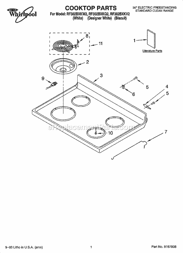 Whirlpool RF302BXKW2 Freestanding Electric Range Cooktop Parts Diagram