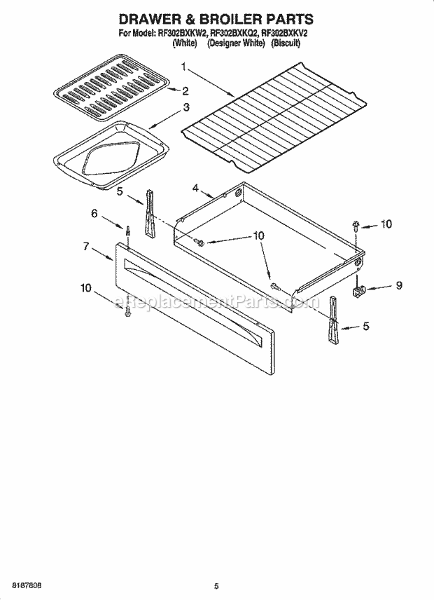 Whirlpool RF302BXKW2 Freestanding Electric Range Drawer & Broiler Parts Diagram