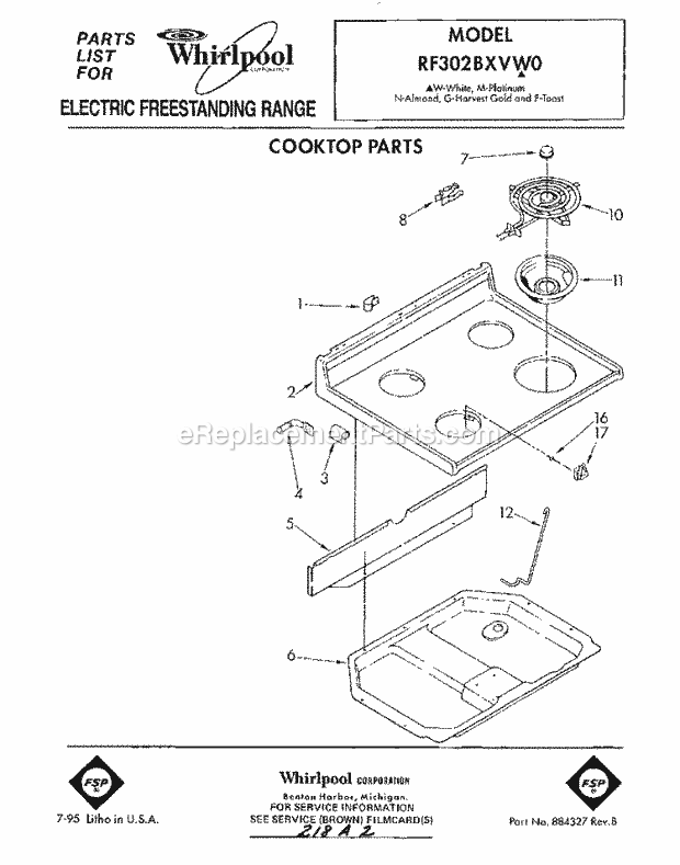 Whirlpool RF302BXVF0 Freestanding Electric Range Cooktop Diagram