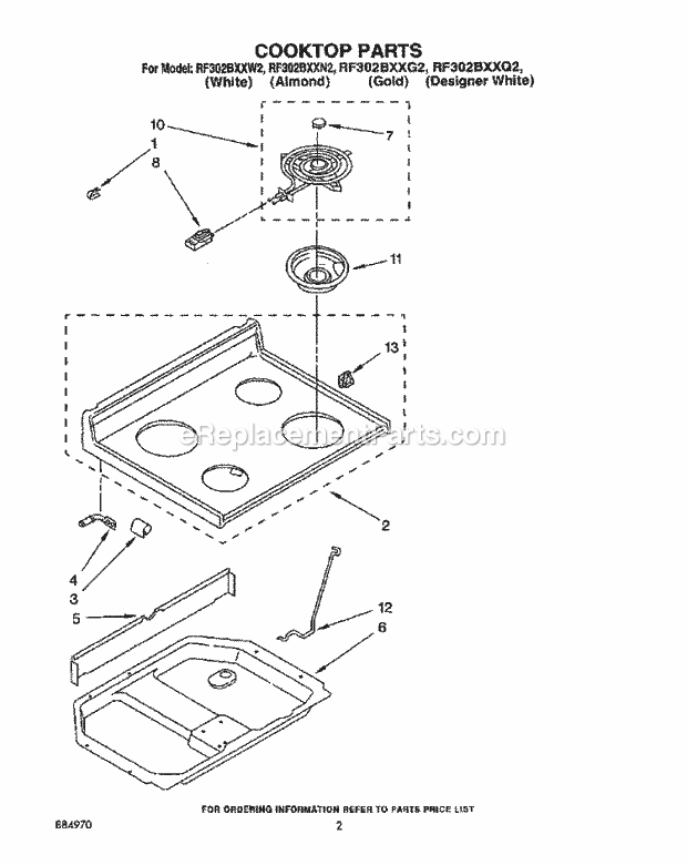 Whirlpool RF302BXXN2 Electric Range Cooktop, Lit/Optional Diagram