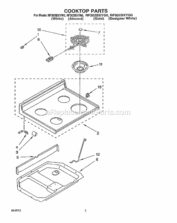 Whirlpool RF302BXYG0 Electric Range Cooktop, Lit/Optional Diagram