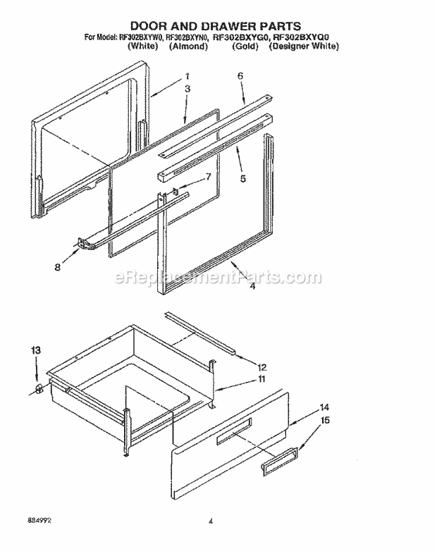 Whirlpool RF302BXYG0 Electric Range Door and Drawer Diagram