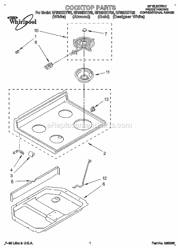 Whirlpool RF302BXYW2 Electric Range Cooktop, Literature Diagram