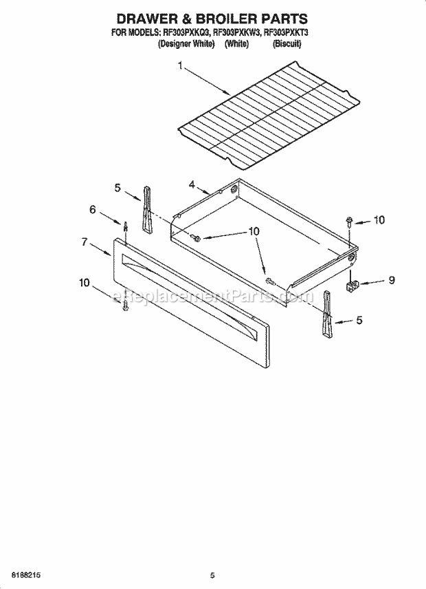 Whirlpool RF303PXKW3 Freestanding Electric Drawer & Broiler Parts Diagram