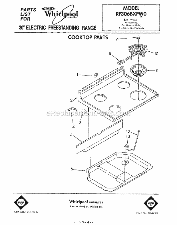 Whirlpool RF306BXPW0 Electric Range Cooktop Diagram