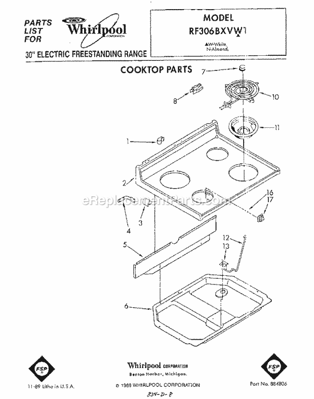 Whirlpool RF306BXVW1 Electric Range Cooktop Diagram