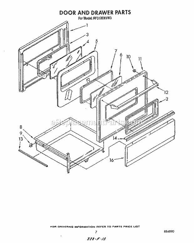Whirlpool RF3100XVW3 Freestanding Electric Range Door and Drawer Diagram