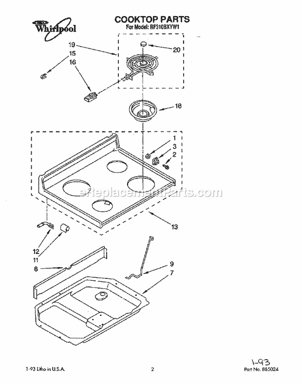 Whirlpool RF310BXYW1 Freestanding Electric Range Cooktop Diagram