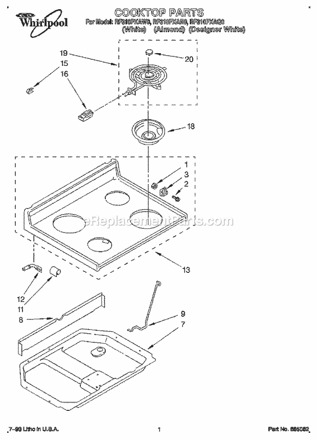 Whirlpool RF310PXAW0 Freestanding Electric Range Cooktop Diagram