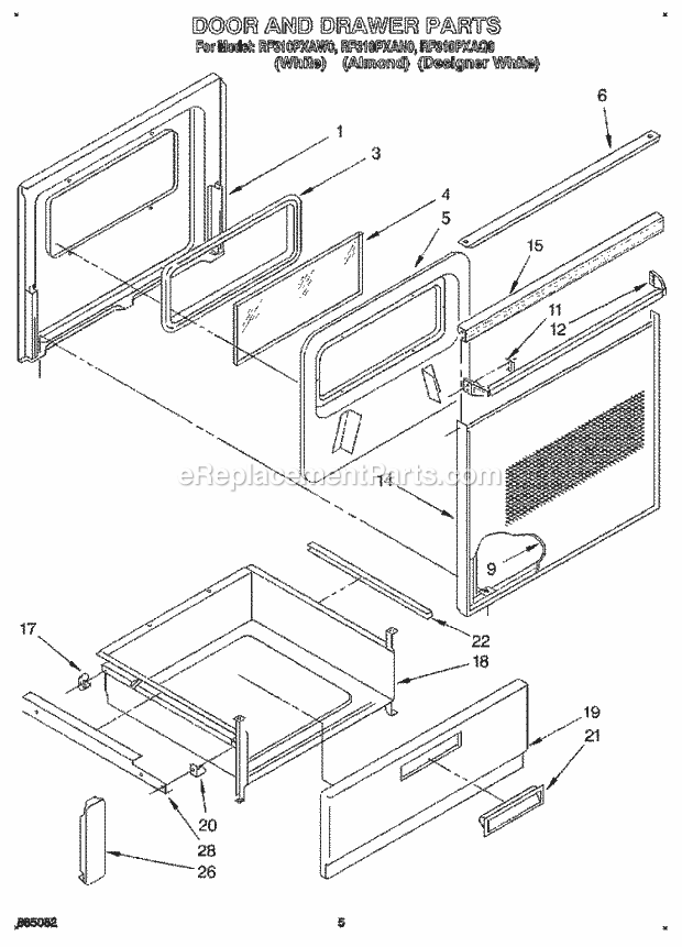 Whirlpool RF310PXAW0 Freestanding Electric Range Door and Drawer Diagram