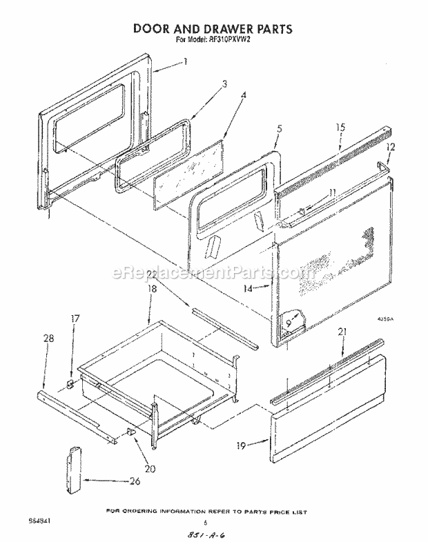 Whirlpool RF310PXVG2 Range Door and Drawer Diagram