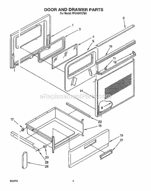 Whirlpool RF310PXYQ0 Range Door and Drawer Diagram