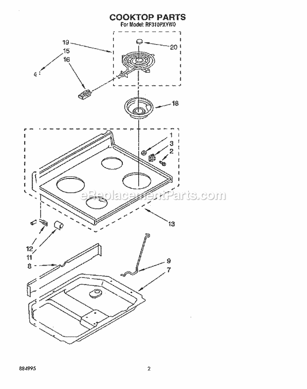 Whirlpool RF310PXYW1 Freestanding Electric Range Cooktop Diagram