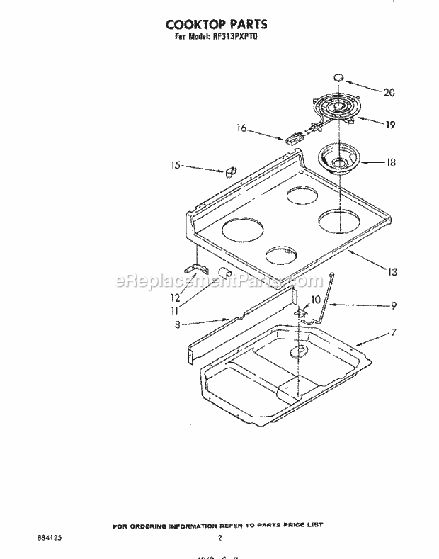 Whirlpool RF313PXPT0 Freestanding Electric Range Cooktop Diagram