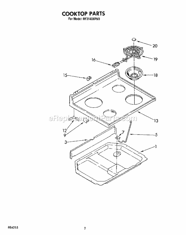 Whirlpool RF3140XPN0 Freestanding Electric Range Cooktop Diagram