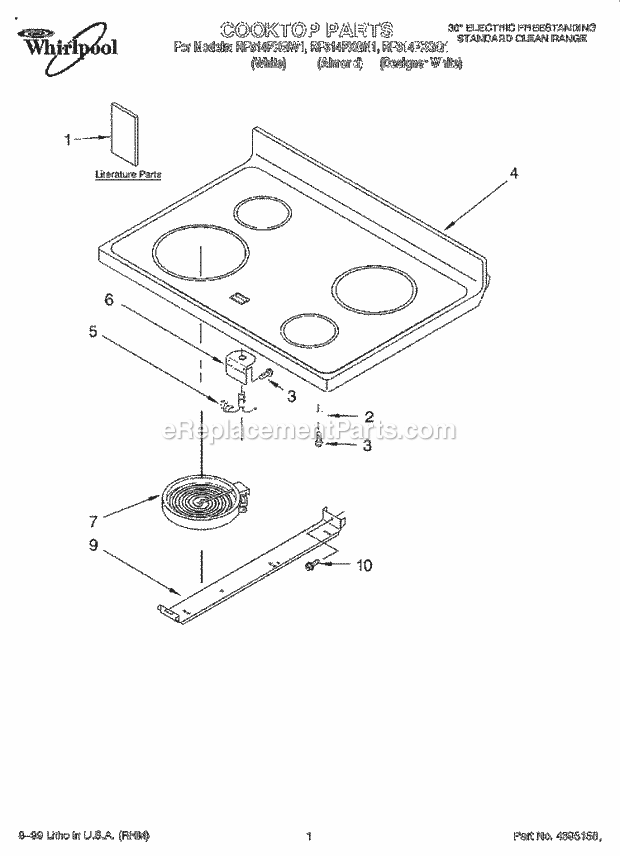 Whirlpool RF314PXGN1 Freestanding Electric Range Cooktop, Literature Diagram