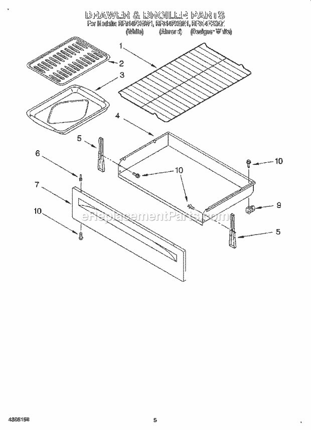 Whirlpool RF314PXGN1 Freestanding Electric Range Drawer and Broiler Diagram